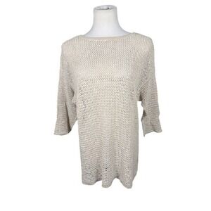 J.Jill Womens Beige Linen Cotton Open Knit 3/4 Sleeve Tunic Sweater Large